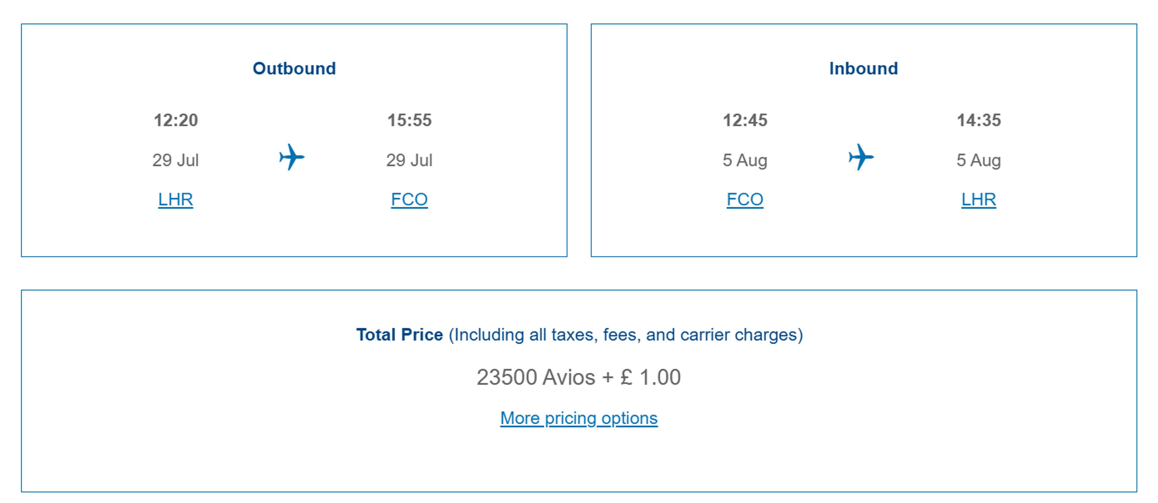 Summer flights to Rome for 23,500 Avios + £1