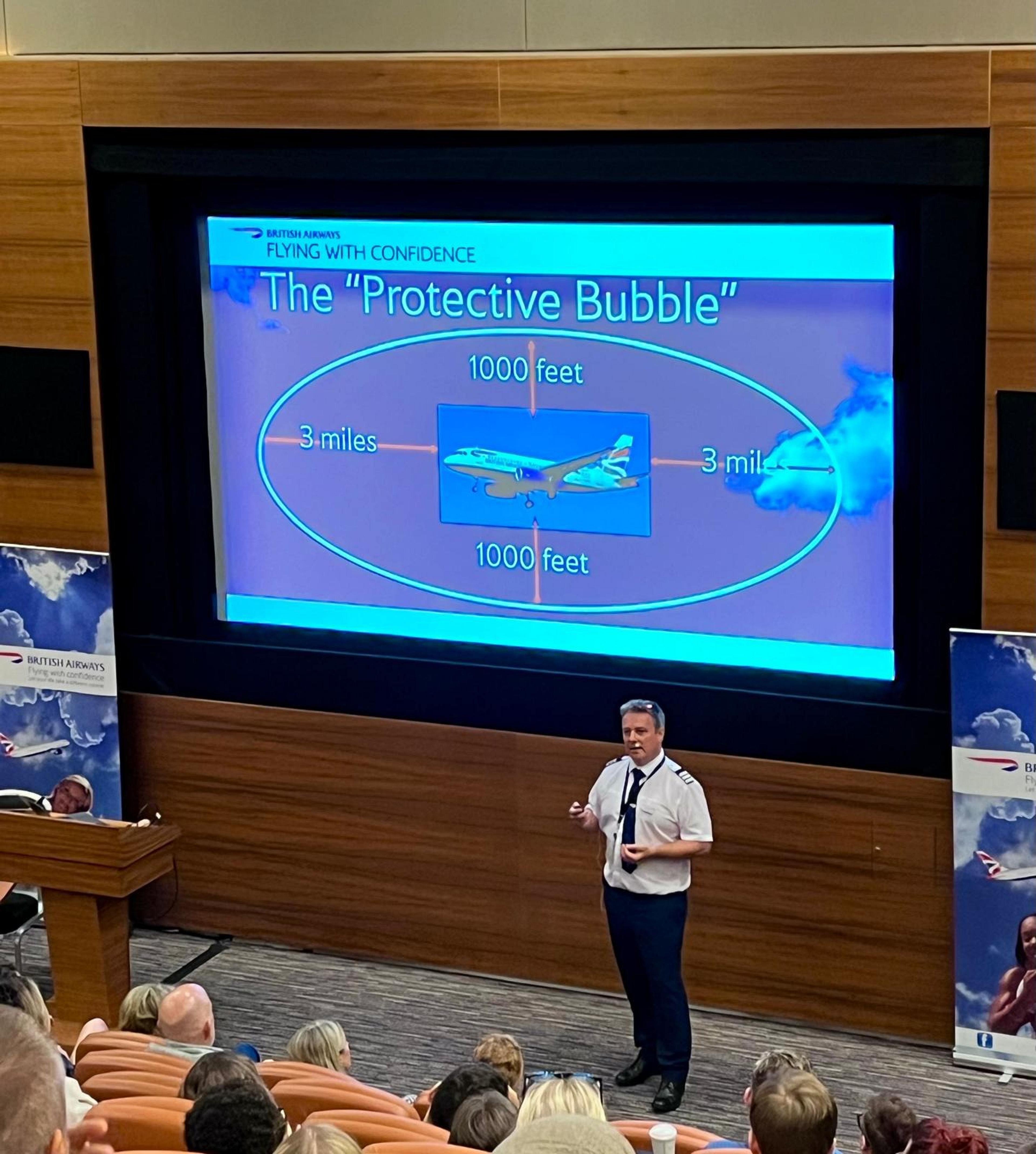 A pilot gives a presentation about the "Protective Bubble" in a seminar at the British Airways headquarters.
